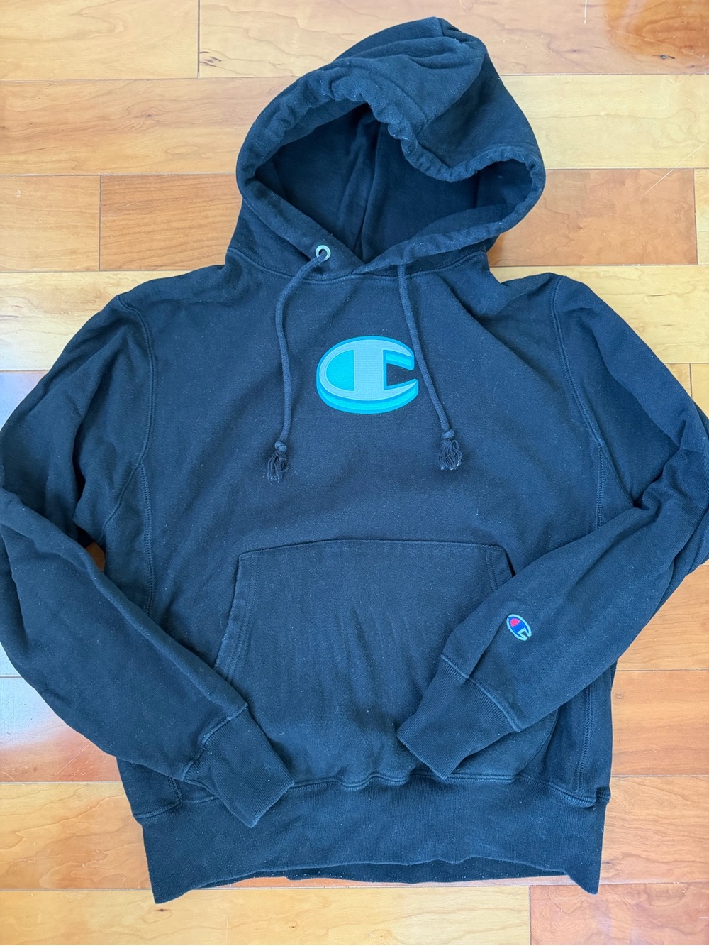 Champion Black Hooded Sweatshirt with Teal Logo